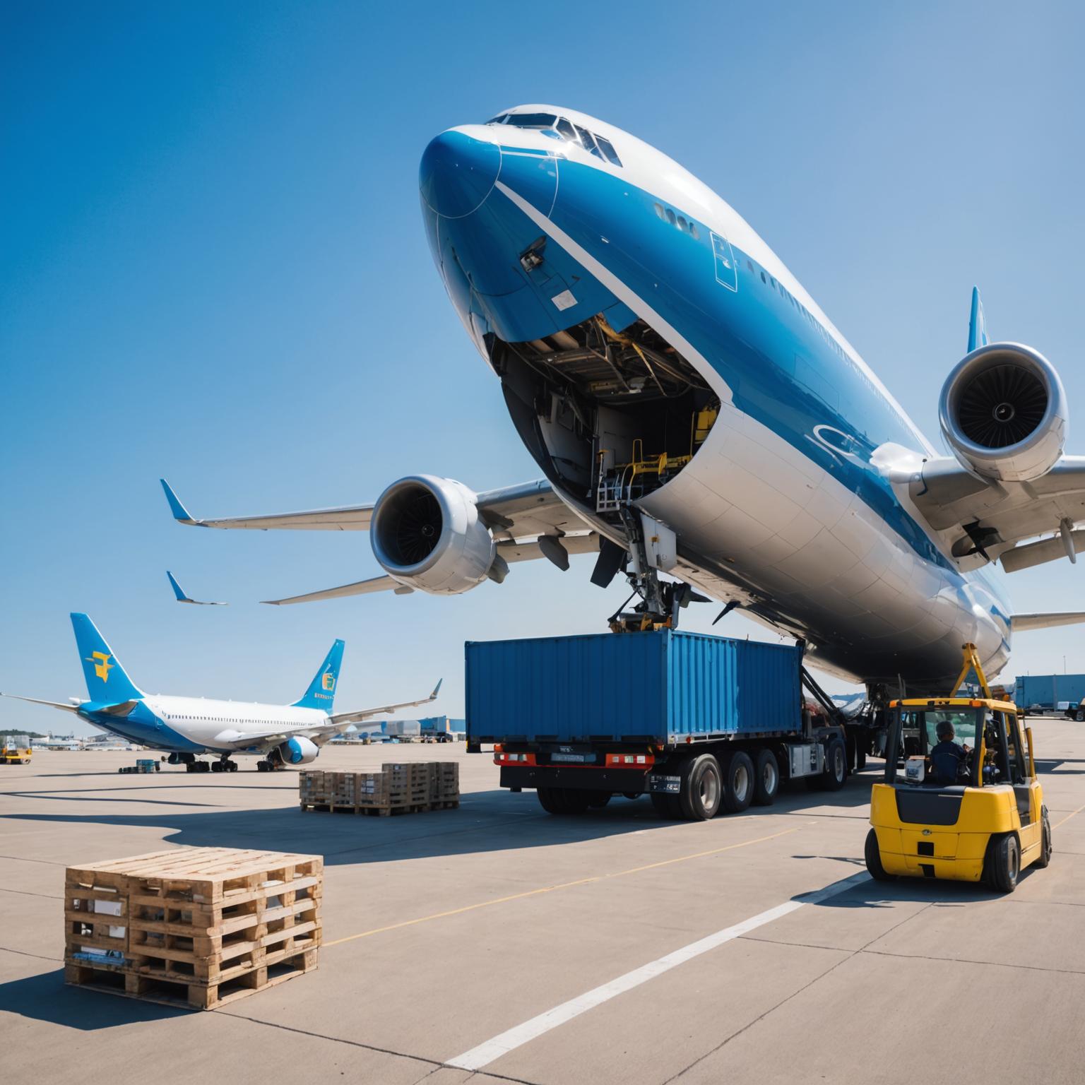Cargo aircraft being loaded on airport tarmac
