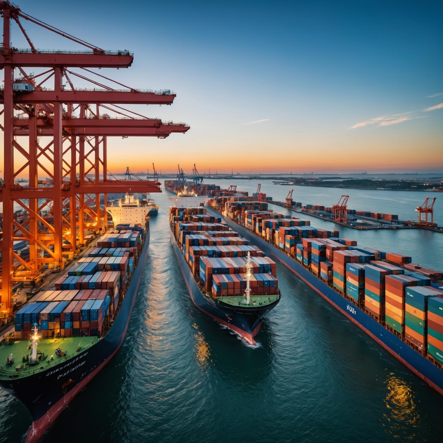 International cargo port with container ships and cranes at golden hour