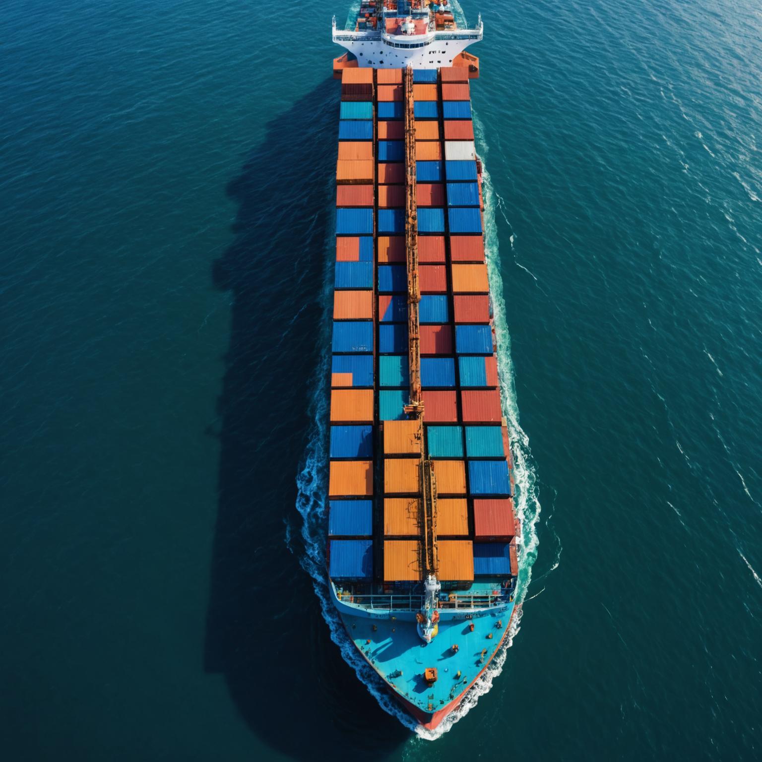 Container ship carrying cargo across open ocean