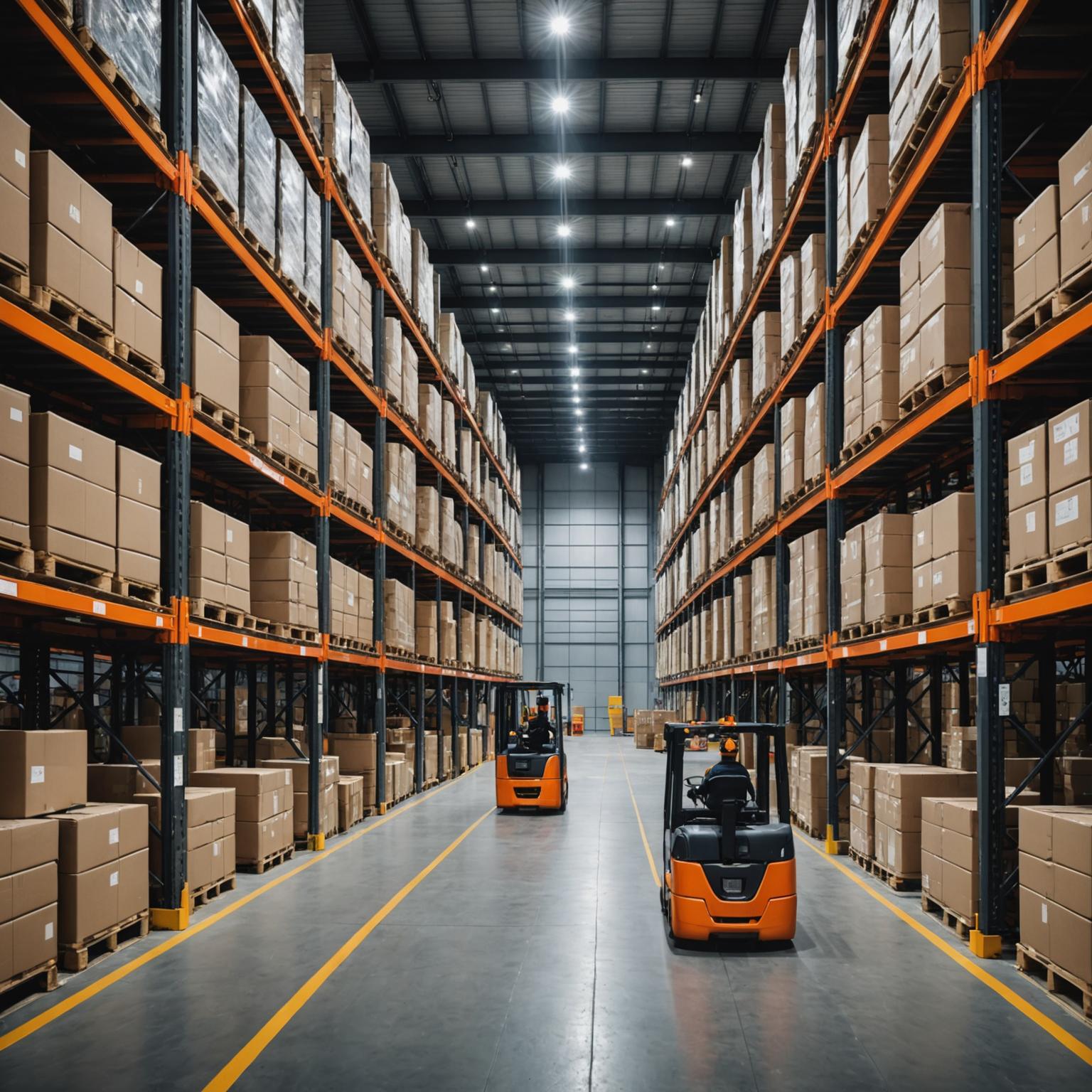 Modern logistics warehouse with palletized goods and forklift